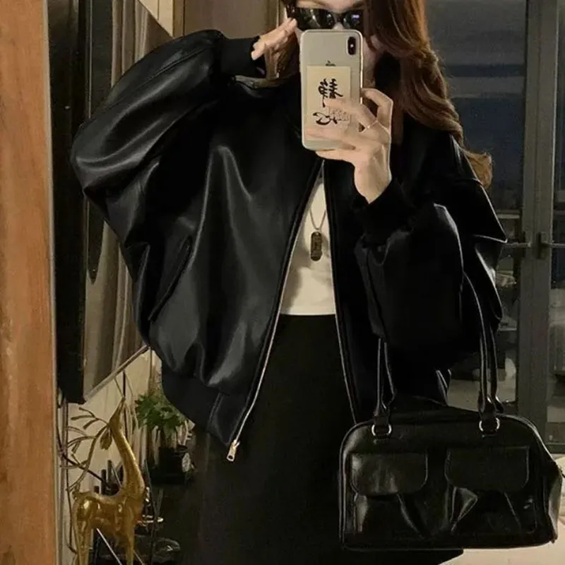 Retro Women's Motorcycle Style Leather Coat 2026 Spring New Female Loose Casual Jacket Student Simple Baseball Collar Overwear