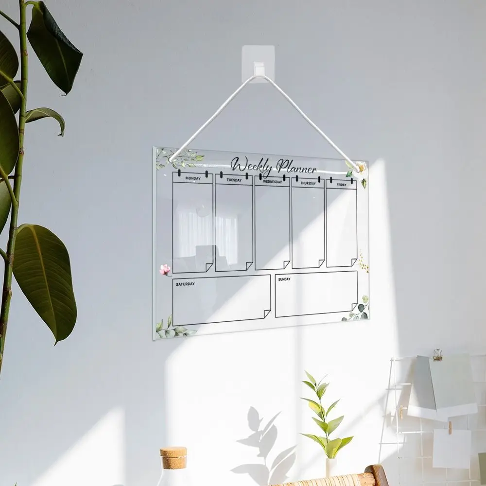 Creative Transparent Message Board Monthly Weekly Acrylic Note Board Wall Hanging Green Leaves Pattern Display Board Home