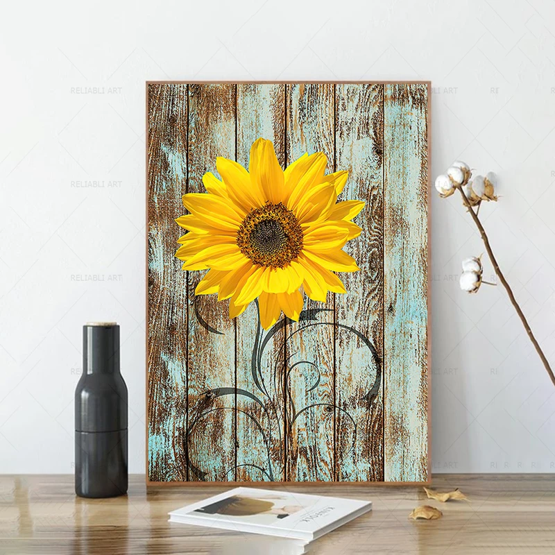 Sunflower on Wood Board Posters Canvas Prints Modern Wall Art Pictures For Living Room Cuadros Living Room Decoration NO FRAME