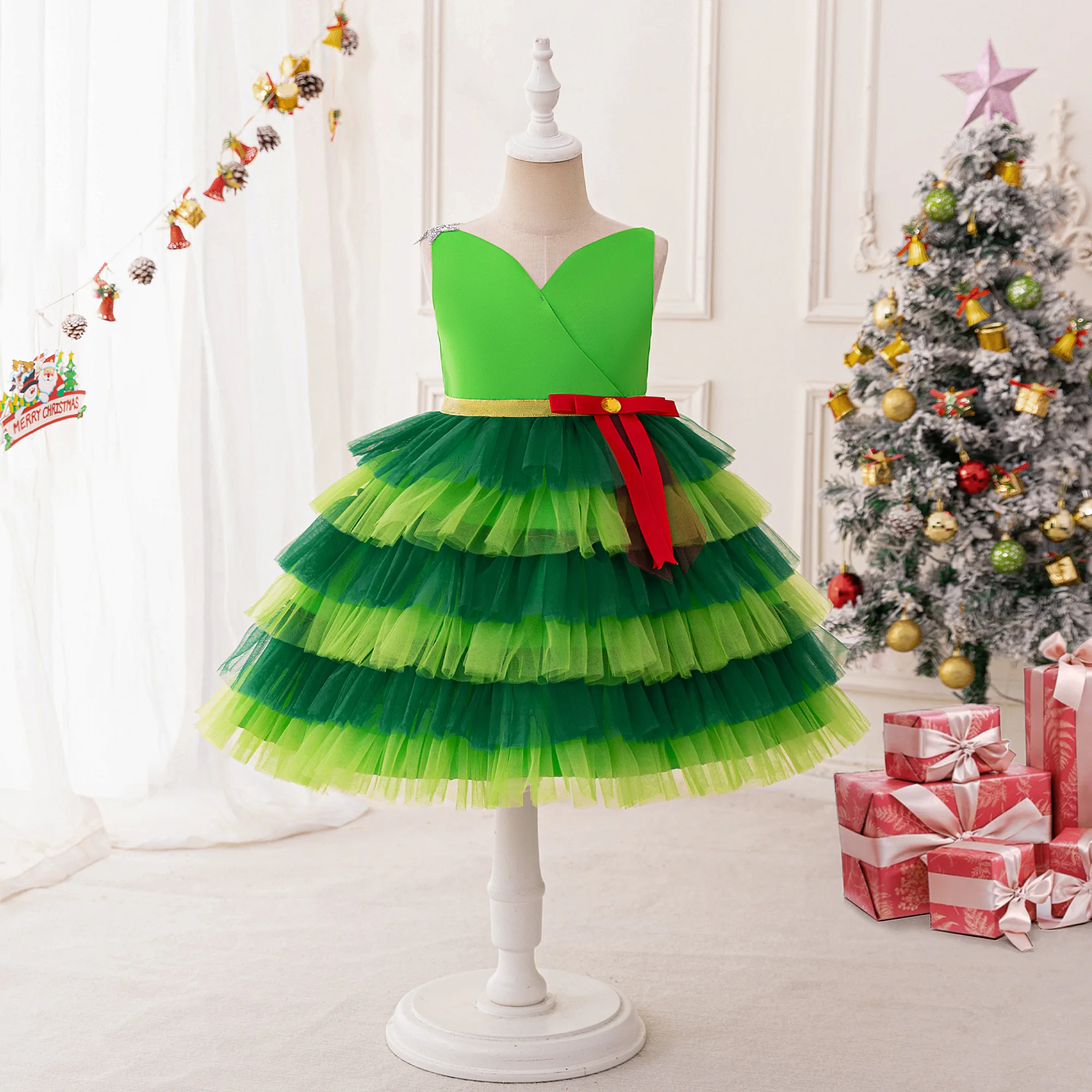 

Green Christmas Dress for Girls Carnival Cosplay Halloween Costume Fluffy Tulle Birthday Party Princess Dresses Bow Kids Clothes