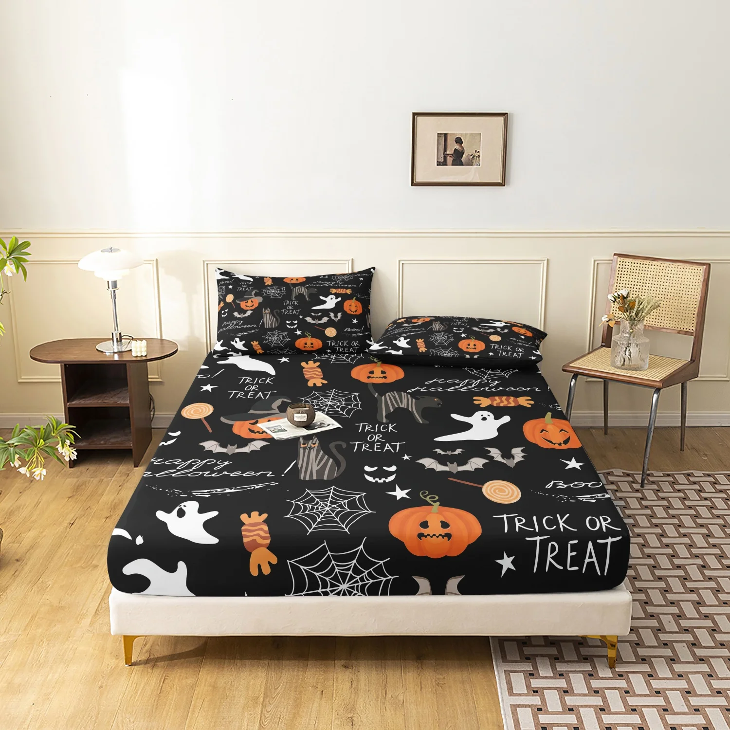 3Pcs Cute Trick or Treat Halloween Print Fitted Sheet Set, Lantern Striped Black Cat Spider Web Lollipop Print Bedding