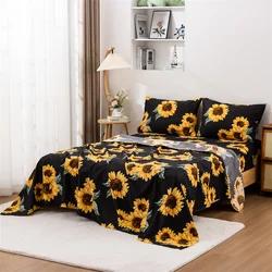 4pcsSunflowers Bed Sheet Set Floral Print Bed Sheets Yellow Flowers Pattern Sheets Sunflowers Oil Painting Sheet Set for Adults