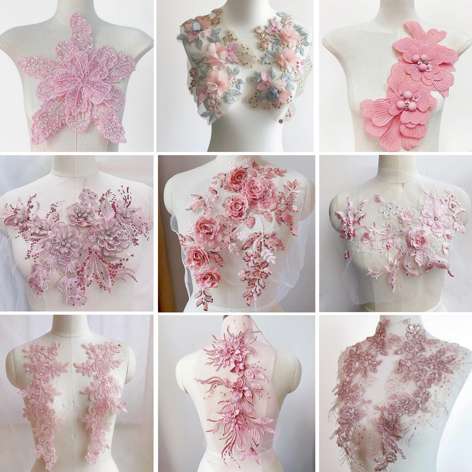 【セール中】ピンクの繊細な花の刺繍パッチ生地ウェディングドレス衣類アクセサリー縫製手作りアップリケ修理工芸品
