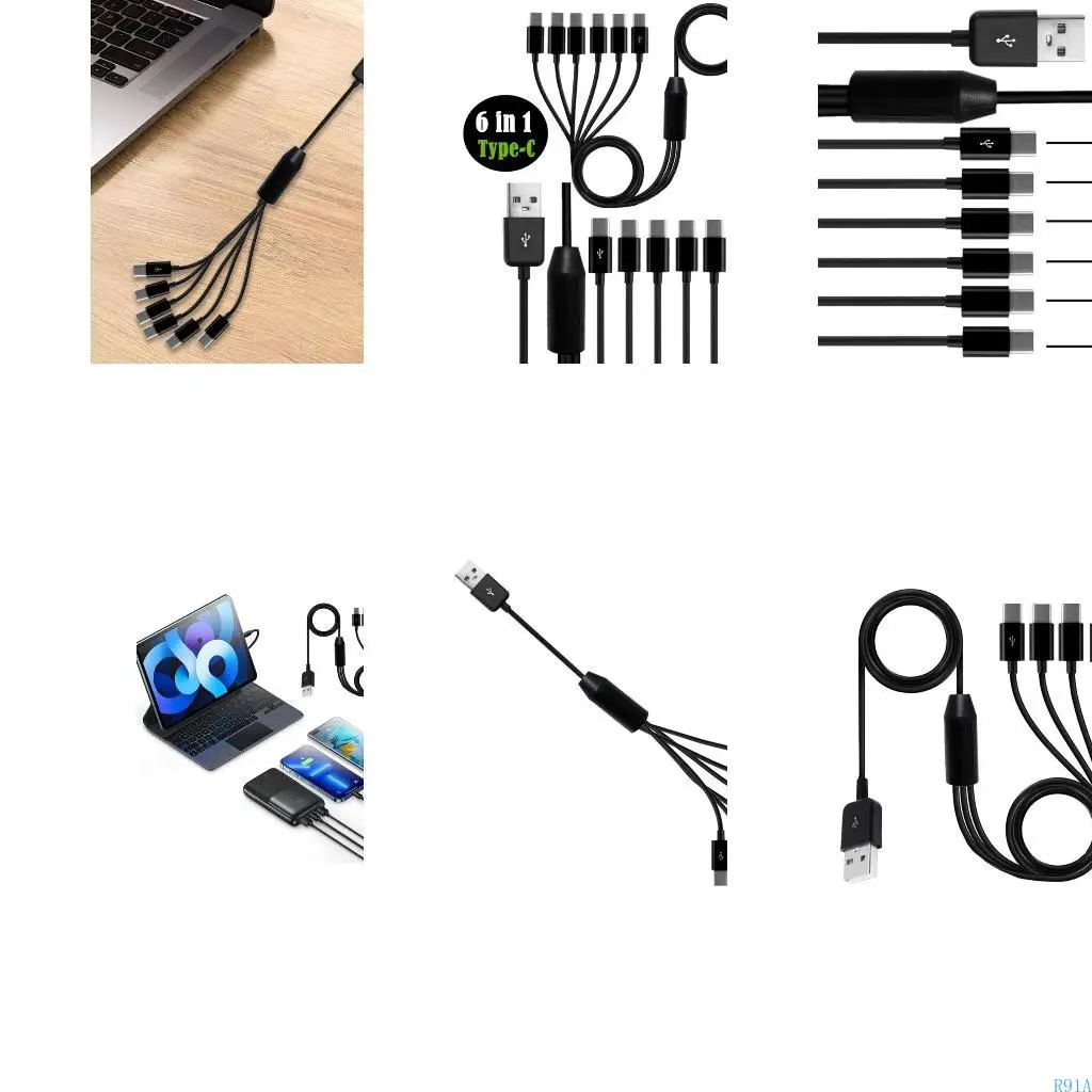 R91A USB 1 a 6 carregamento USB-A para TPYE-C Splitter Adaptador dados do carregador