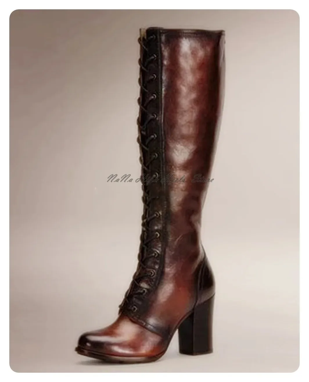 

Гладиаторские сапоги до колена на шнуровке с круглым носком, модные женские кожаные сапоги на массивном высоком каблуке, роскошные туфли для женщин, сексуальная обувь