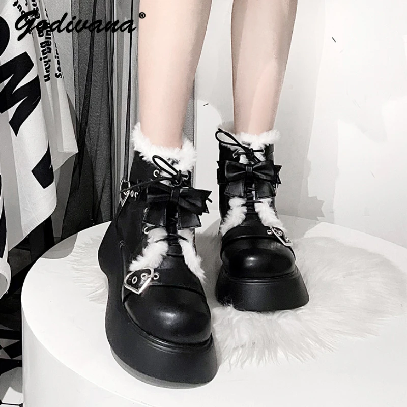 Original Lolita Snow Boots New Winter Fleece Thickened Ankle Boots Female Girls Fleece Warm Platform Cotton Short Boots