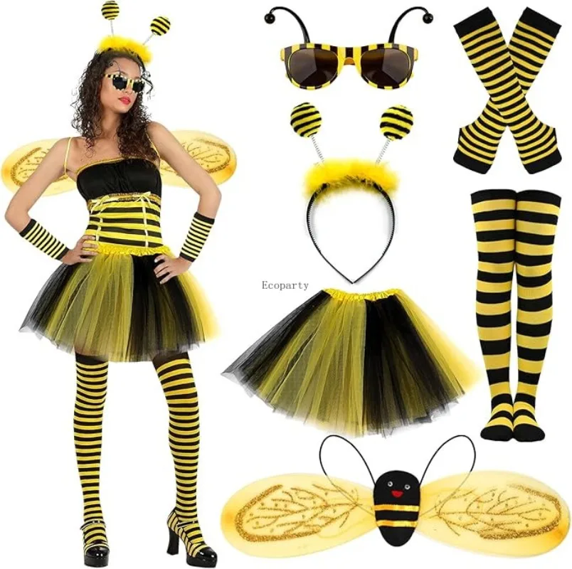 Vrouwen Kinderen Geel Honingbij Kostuum Set Antenne Hoofdband Tutu Rok Gestreepte Kniekous Handschoenen Voor Cosplay Dans Podium 6 stks