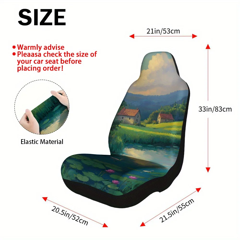 2pcs Idyllic Countryside Stream Themed Car Seat Cover Set – Stylish, High-Quality Full Set For 2 Front Seats, Fit For Most Cars