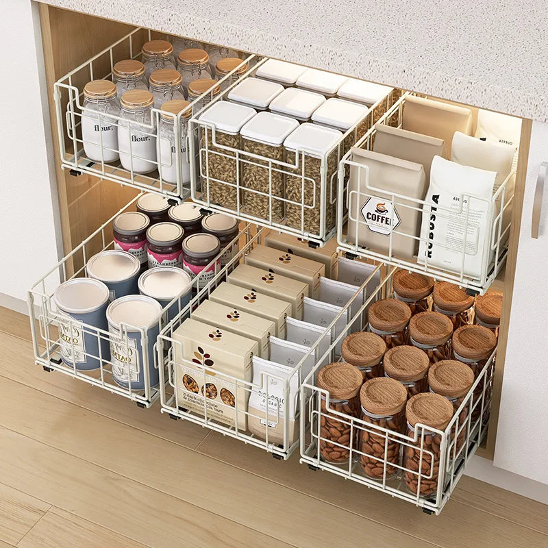 Kitchen deep cabinet drawer basket, multi-functional non-punching household drawer rack