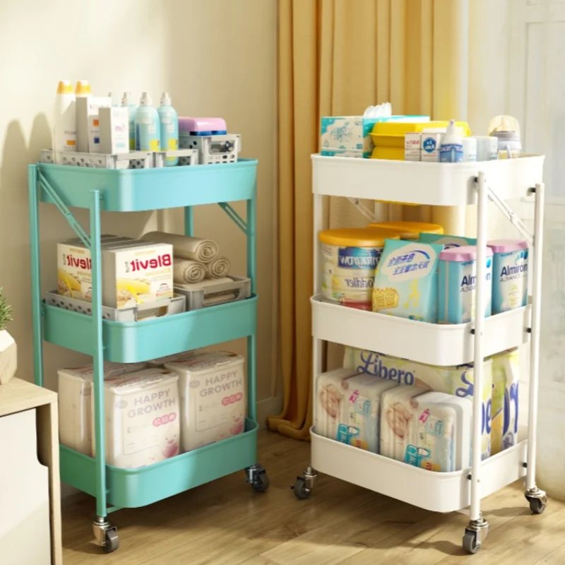 Folding Trolley Baby Products Storage Rack Kitchen Floor Multi-Tier Movable Storage Bedroom Bathroom Storage Rack