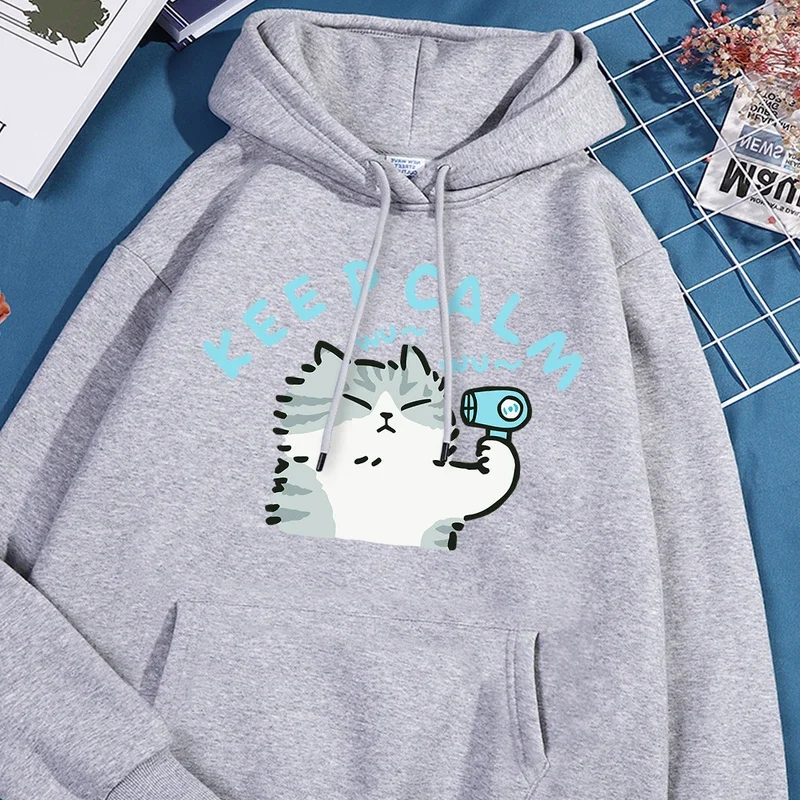 Stay Calm Cat Hair Dryerprinted Hooded Mens Autumn Fur-Liner Hoodies Simple S-Xxl Hoodie Street Quality Clothing Women'S