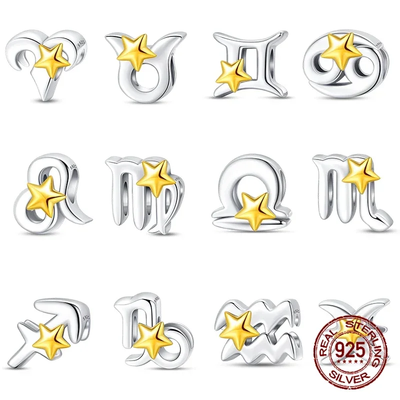 925 Sterling Silver 12 Constellations Charms Golden Star Zodiac letter Beads Fit 4MM hole diameter Bracelets DIY Birthday Gifts