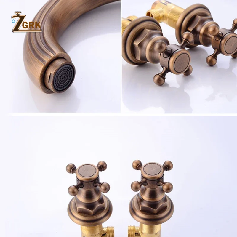 ZGRK Basin Faucets 3pcs Antique Brass Classic Bathroom Sink Faucet Double Cross Handle 3 Hole Bathbasin Counter Mixer Taps Gold