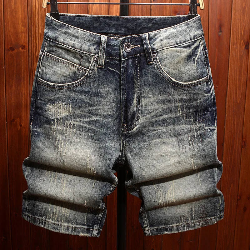 Trendy brand high-end denim shorts men's summer retro nostalgic blue stretch trendy street denim five quarter pants