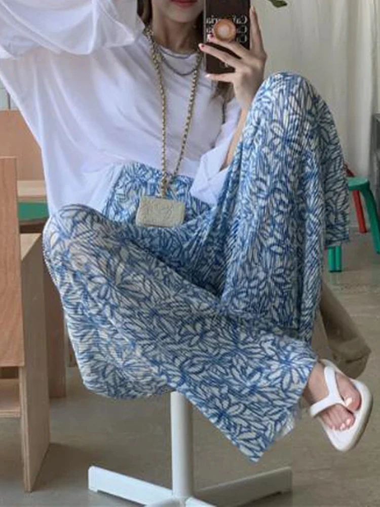 Women's Summer Vintage Floral Print High Waist Pleated Wide Leg Pants Casual Loose Straight Trousers Pantalones Stylish Outfits