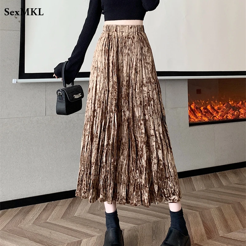 Casual Pleated Long Skirts Women Vintage Korean Fashion Y2k Clothes High Waist Faldas Largas Harajuku Mid Length Black Skirt