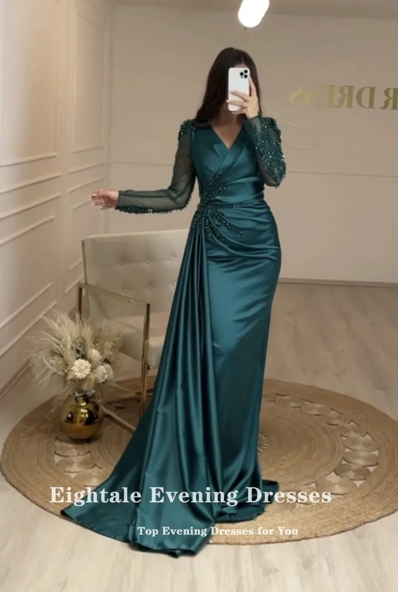 Eightale Dark Green Evening Dress for Wedding Party Satin Beaded V-Neck Long Sleeves Vintage Mermaid Prom Gowns Customized Dress