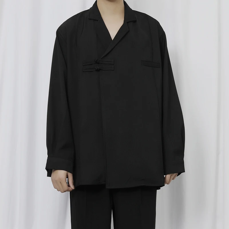 

Men's Black Loose Long Sleeved Shirt 2022 New Retro Chinese Style Improved Button Design Chinese Tea Ceremony Shirt