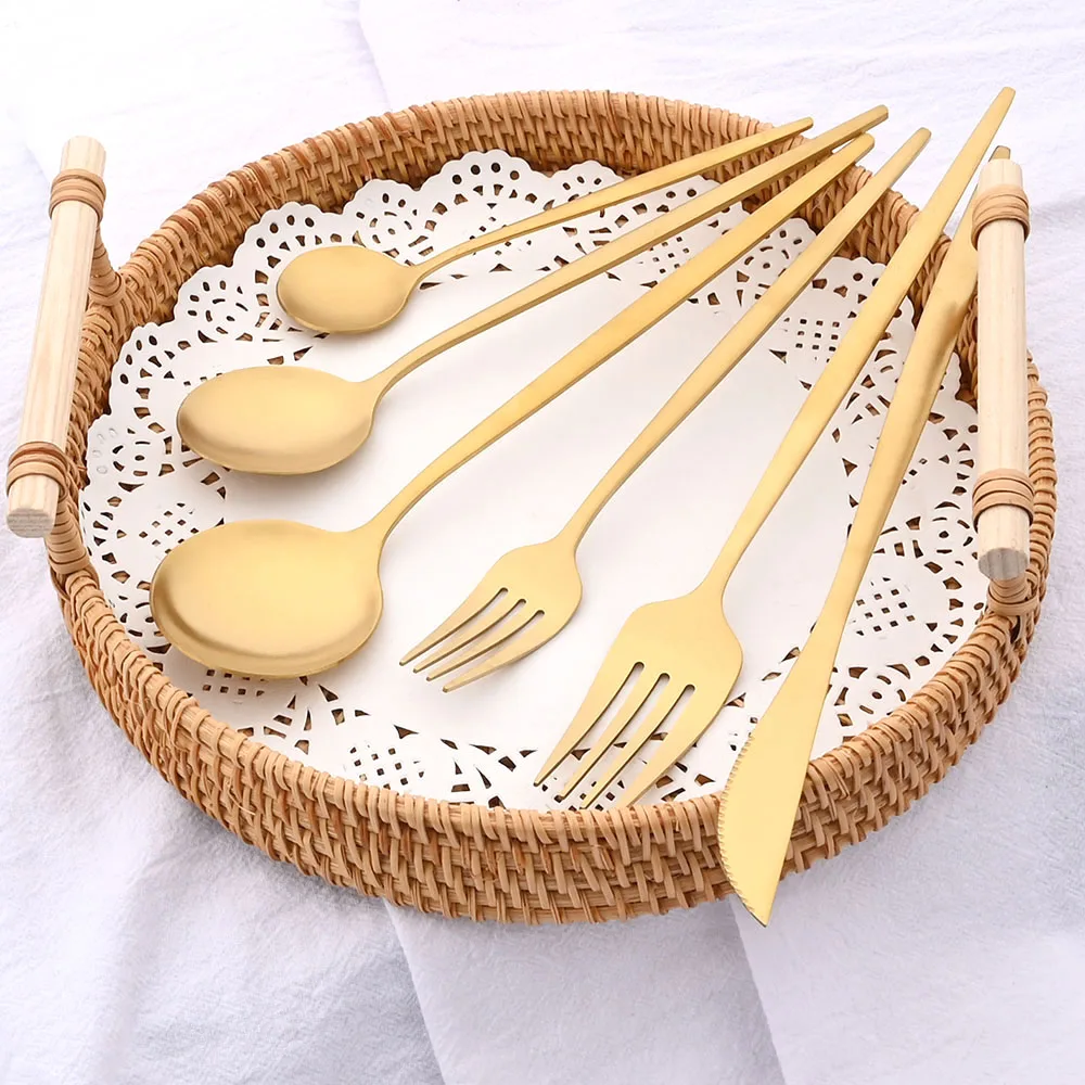 Matte Gold Dinnerware Set Stainless Steel Cutlery Set 12/30Pcs Knife Fork Spoon Dinner Tableware Set Cake Dessert Fruit Tea Fork