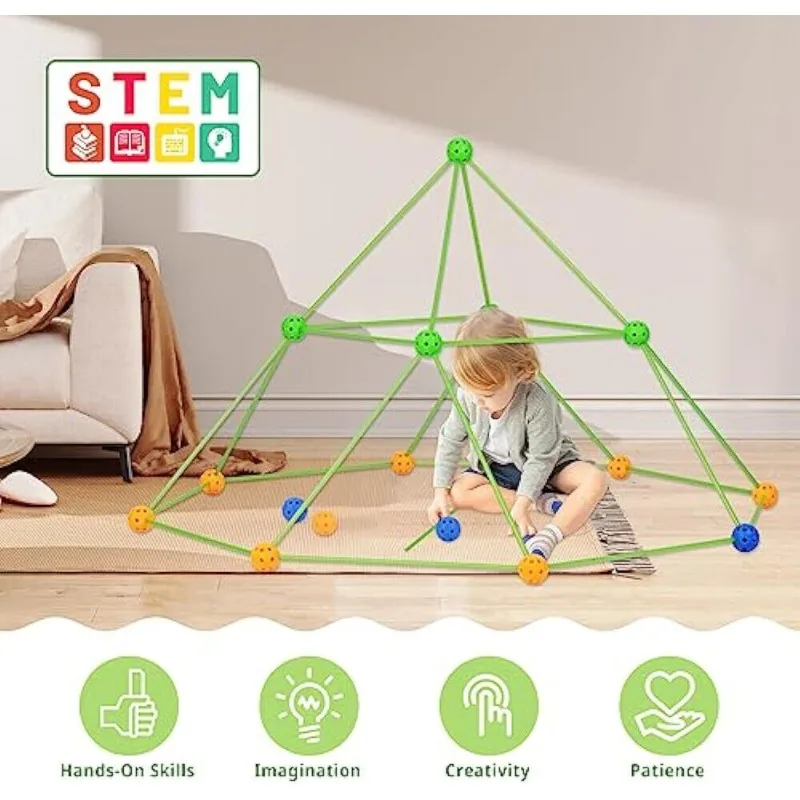 Kit de construction de tente-fort DIY pour enfants, 175 pièces, ensemble de blocs de construction à tiges et billes imbriquées avec 72 billes de connexion, jouet éducatif pour jeu d'imitation en intérieur et en extérieur, château de jeu, cadeau d'anniversaire ou de Noël pour garçons et filles