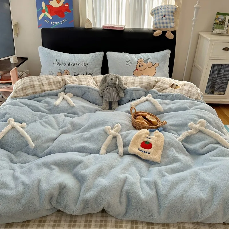 Winter new soft rabbit fleece four-piece set three-dimensional bow thickened warm milk fleece duvet cover dormitory