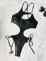 Women black snake print metallic swimsuit one piece irregular hollow backless bikini Swimwear bathing suit beach outfit bodysuit