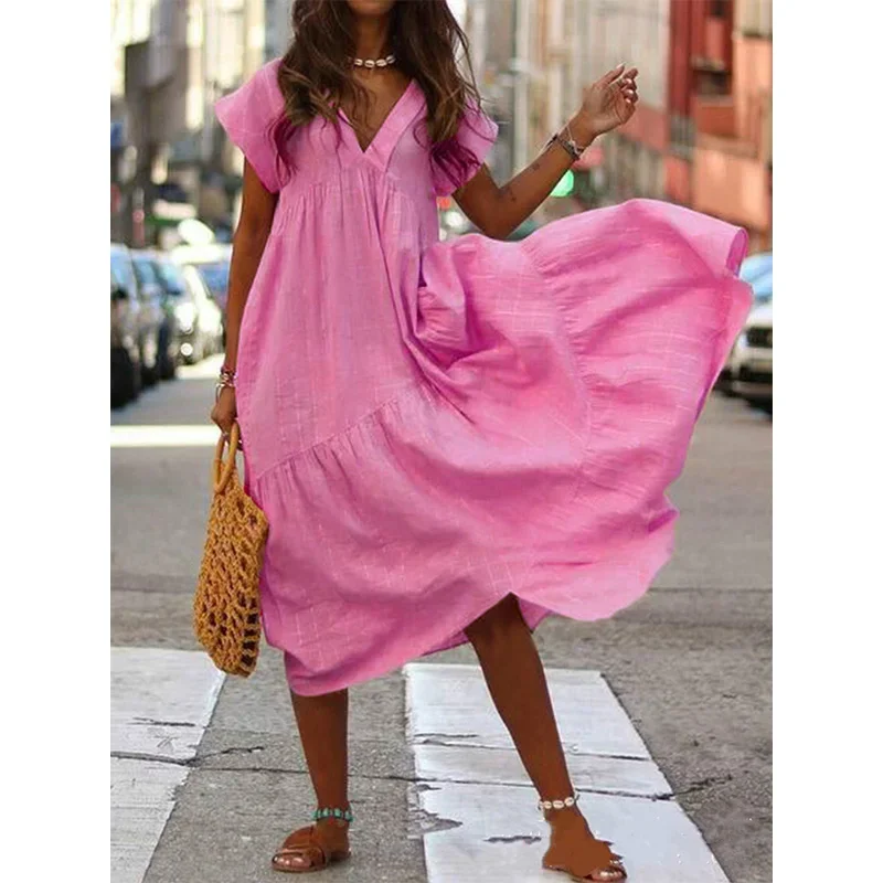

V-Neck Short Sleeved Loose Dress Women's Solid Color Vacation Dresses Summer Casual A-Line Robe Vestidos
