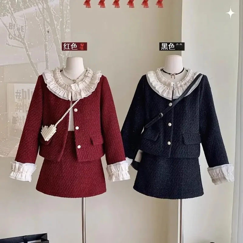 

Insozkdg High-end Lady Chic Style Suit Sets Autumn-Winter Outerwear with Doll Collar + Short Skirt Fashionable Wearing Outside