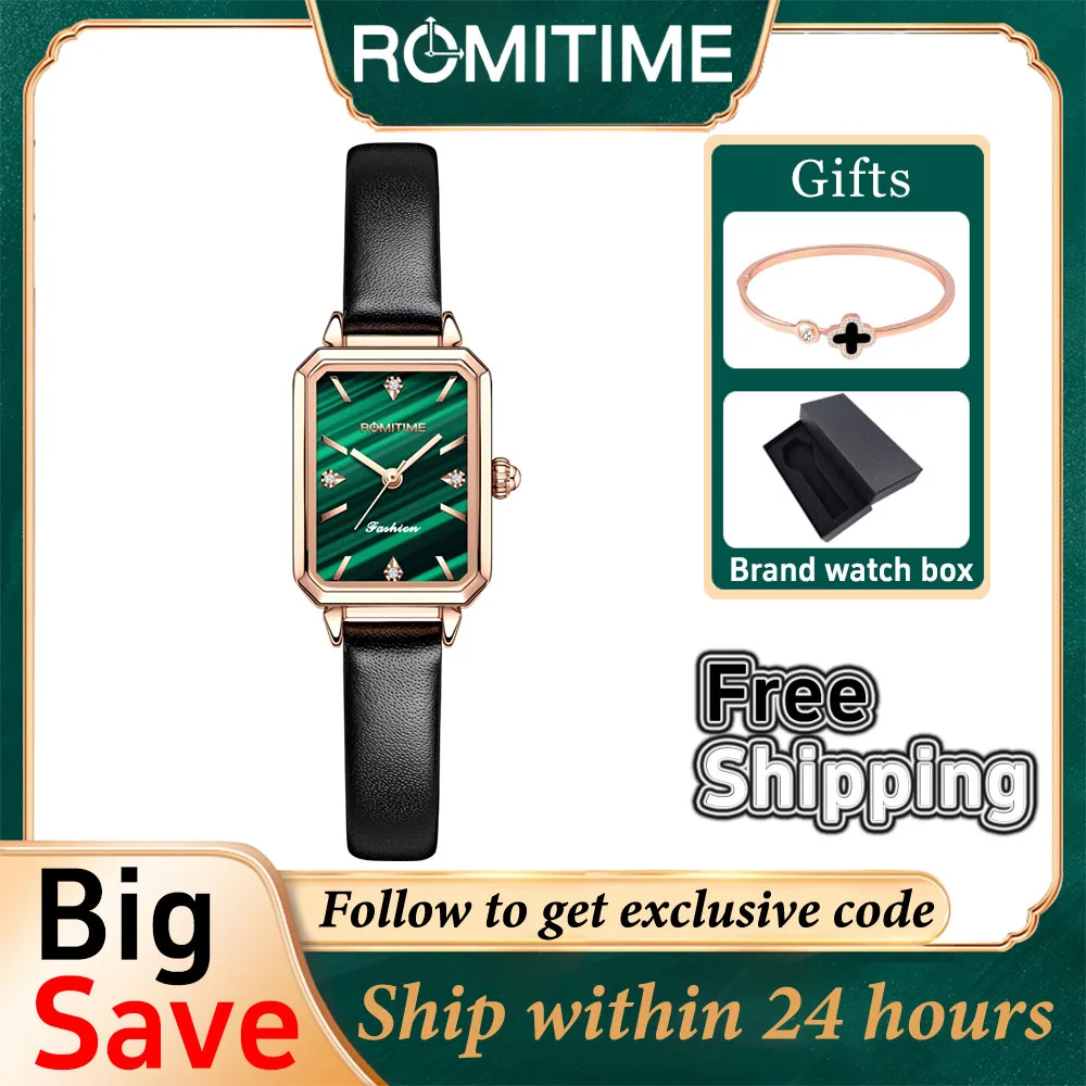 

ROMITIME Top Luxury Brand Womens Fashion Quartz Wristwatches Square Green Ladies Watch Waterproof Diamond Watches for Women