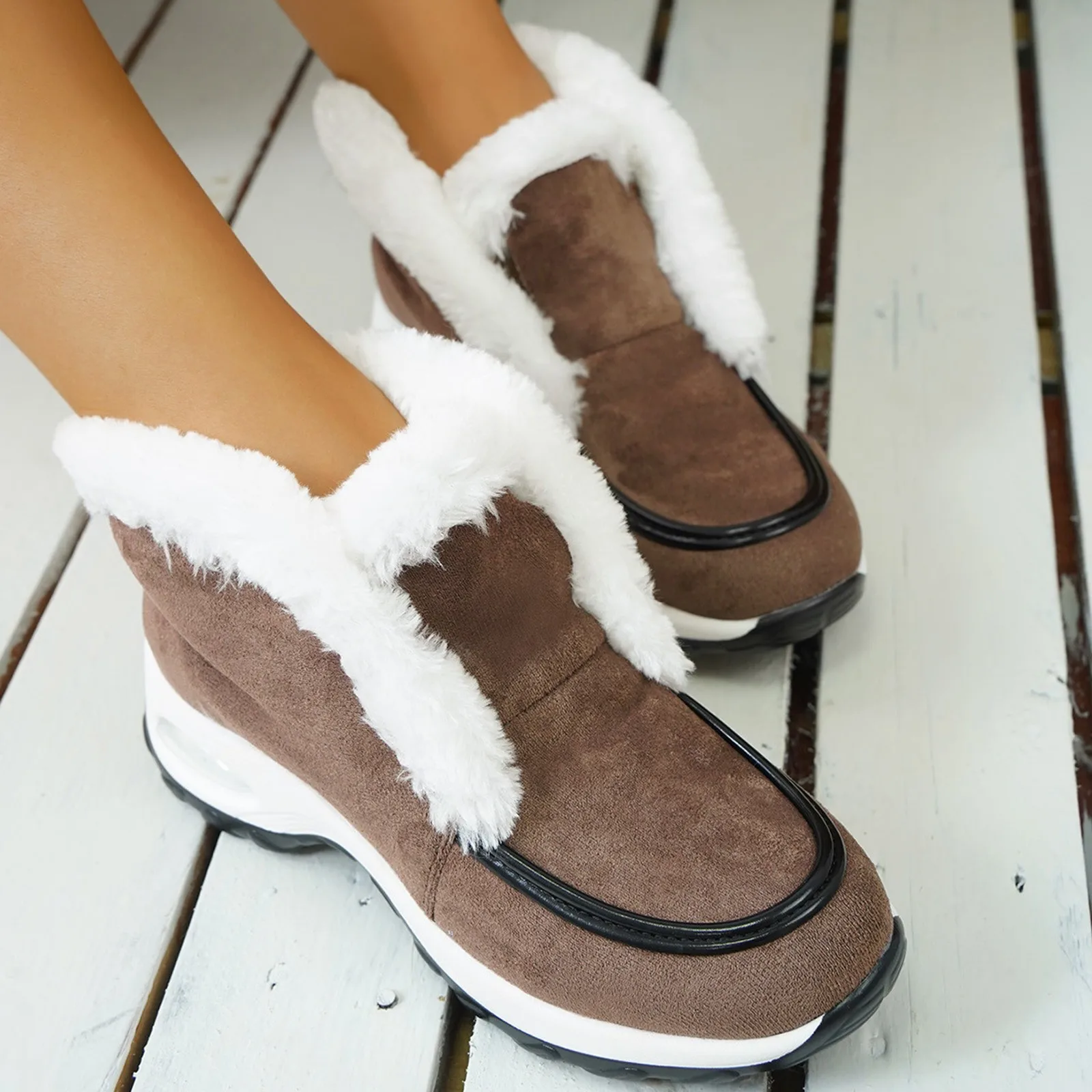 

Ankle Boots Wome Leopard Fuzzy Detail Lined Warmn Winter Snow Boots New Plush Winter Boots Ladies Flats Heel Suede Cotton Shoes