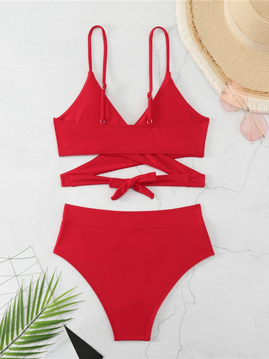 2024 V Neck Cross String Two Piece High Waist Bikini Swimsuit Women Swimwear Female Bather Bathing Swimming Swim Suit Beachwear