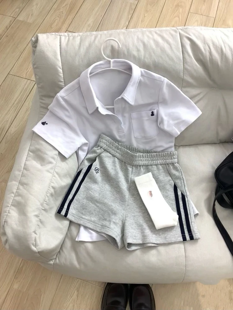 Waist-Cinching  Shirt And Shorts Set Summer Sporty Style Dogeared School Uniform Short Sleeve Casual Outfit for Women