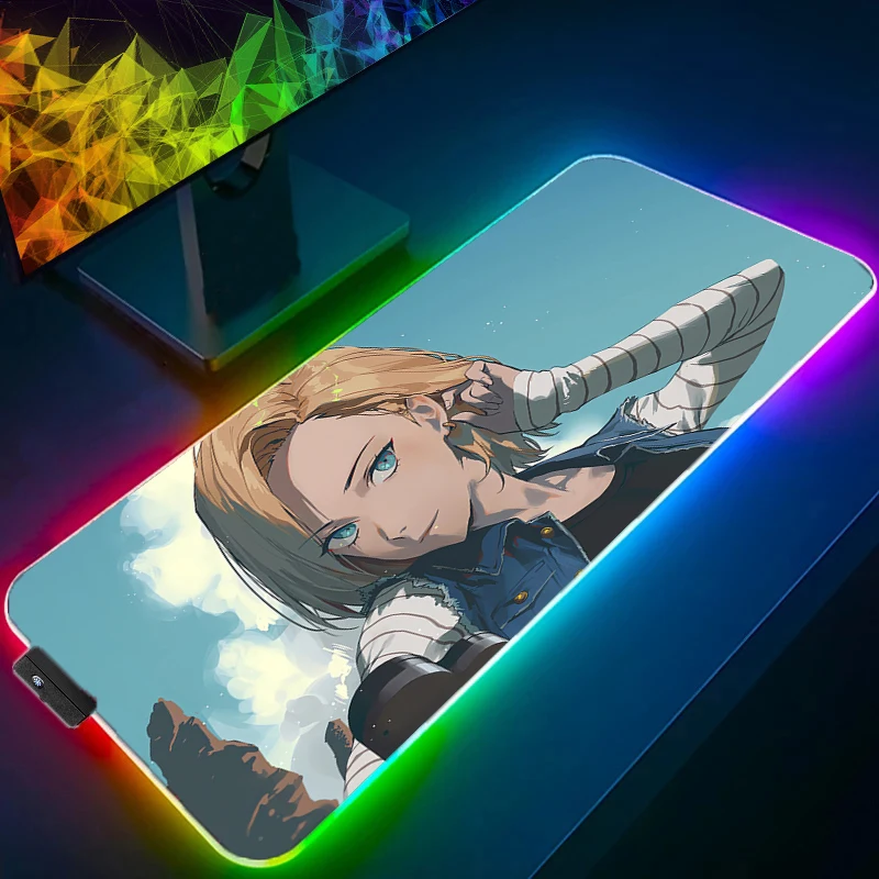 Dragon Ball Android 18 LED Mouse Padคอมพิวเตอร์แล็ปท็อปอะนิเมะคีย์บอร์ดRGBแผ่นรองเม้าส์Mousepadคีย์บอร์ดเกมBacklightโต๊ะ