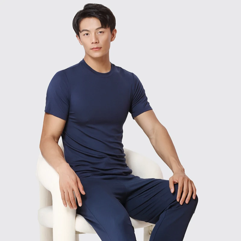 80 Luxury Modal Men's Thin Short Sleeved Shirt Long Johns Set Pajamas Men's Solid Color Suit Casual Fashion Tshirts for Men