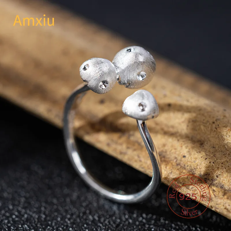 Amxiu S925 Silver Design Three-Dimensional Mushroom Ring for Women Simple Fashion Personality Adjustable Ring Jewelry