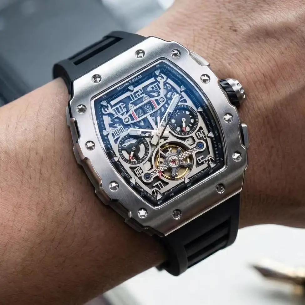 Reef Tiger Men Automatic Watch Tonneau Mechanical Wristwatch Waterproof Luminous Sapphire Skeleton Multi-Dial Month Week Date
