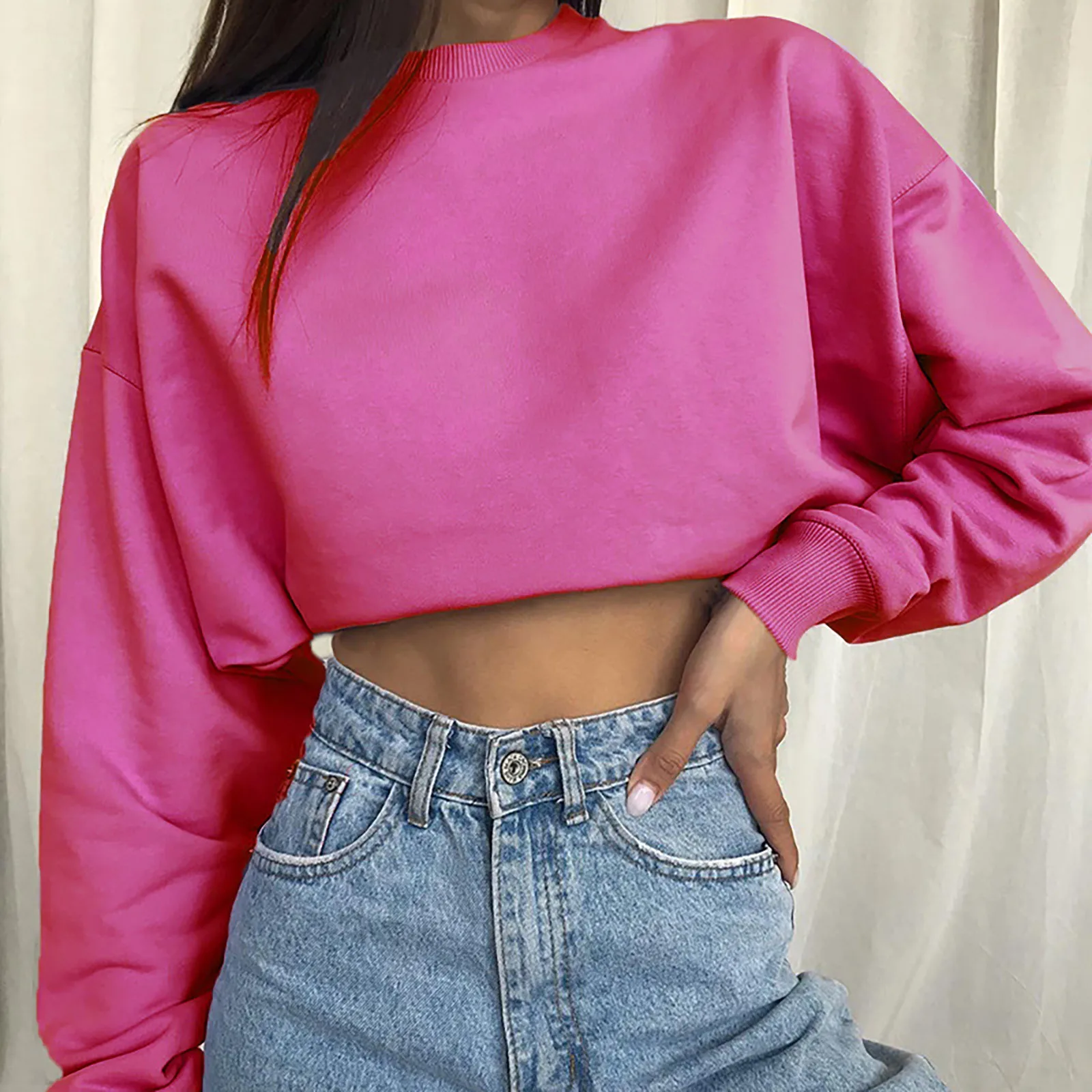 

Solid Color Women'S Hoodies Oversize Pink Tank Top Slim Sweatshirt Short Korean Crewneck Crop Tops Autumn All-Match Blouses