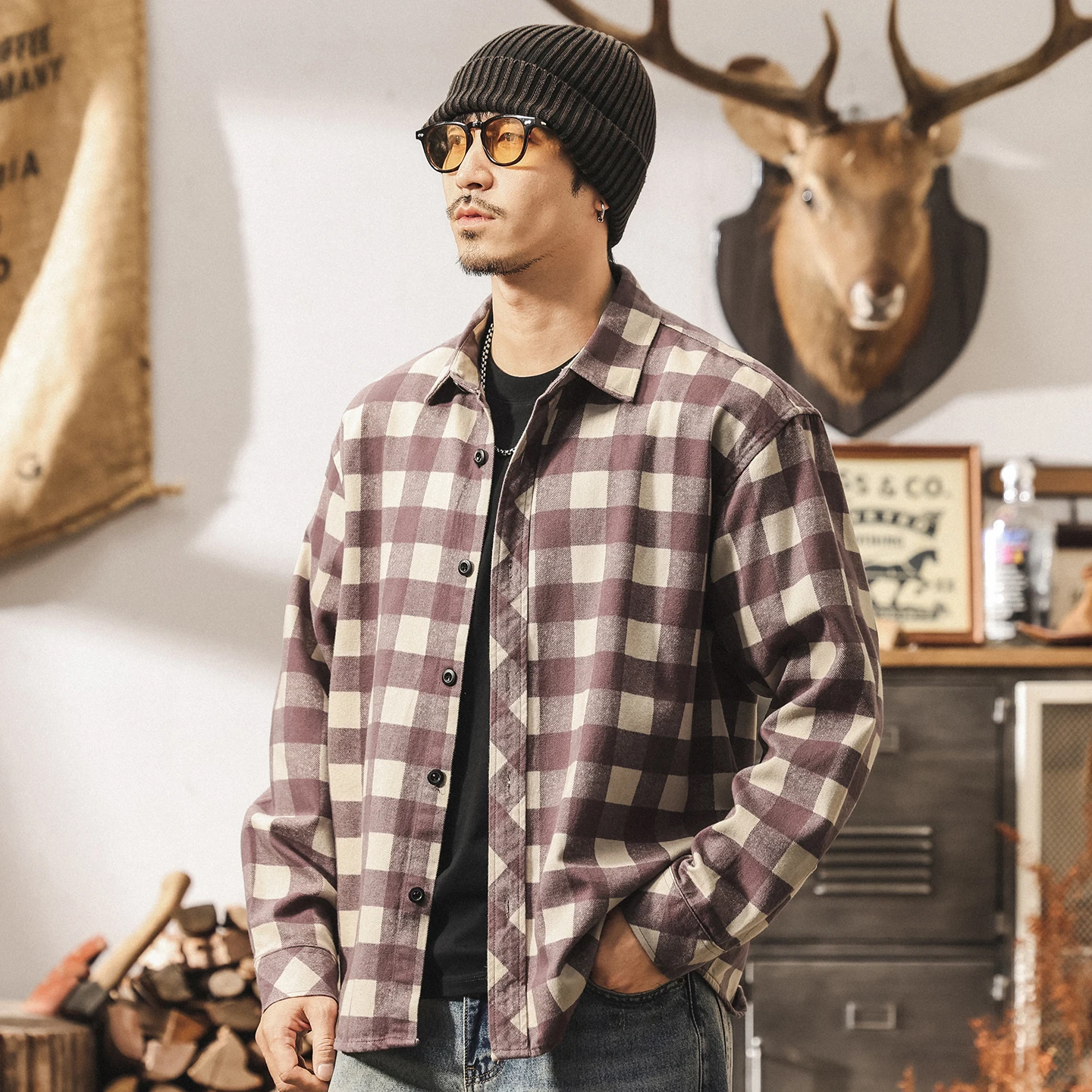 Spring and Autumn's new stylish retro checked shirt, long-sleeved trendy men's loose and casual shirt