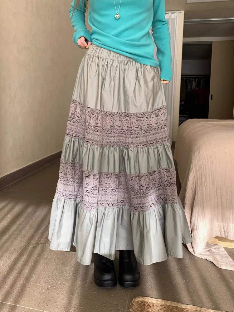 Women’s Lace Crochet Patchwork Skirt Korean Style Elastic Waist Vintage Tiered A-line Long Skirt