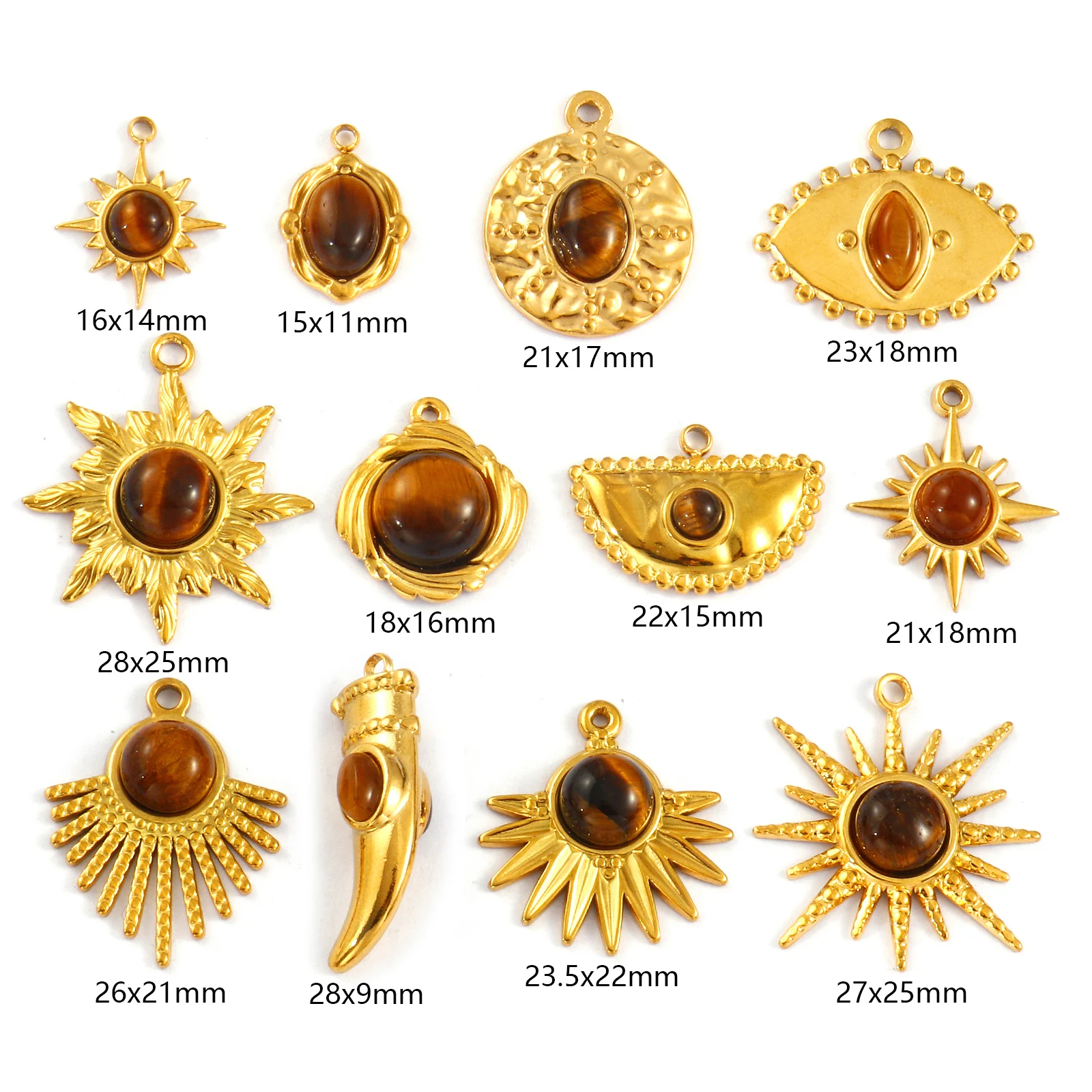 2 PCs 304 Stainless Steel & Brown Tiger's Eye Stone Pendants 18K Gold Plated Sun Star Ivory Shape Charms For DIY Necklace Making