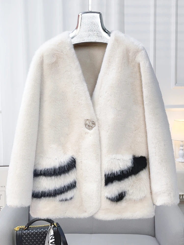 

Haining imitation golden mink fur eco-friendly fur V-neck mid length 2024 autumn/winter new fur integrated fashion jacket for