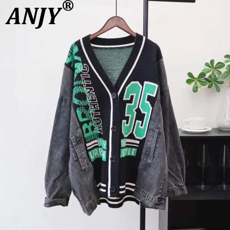 

ANJY Autumn Winter New Women Patchwork Denim Print Letters Sweater Jacket Trendy Loose Lazy Style Casual Knitted Cardigan A14345