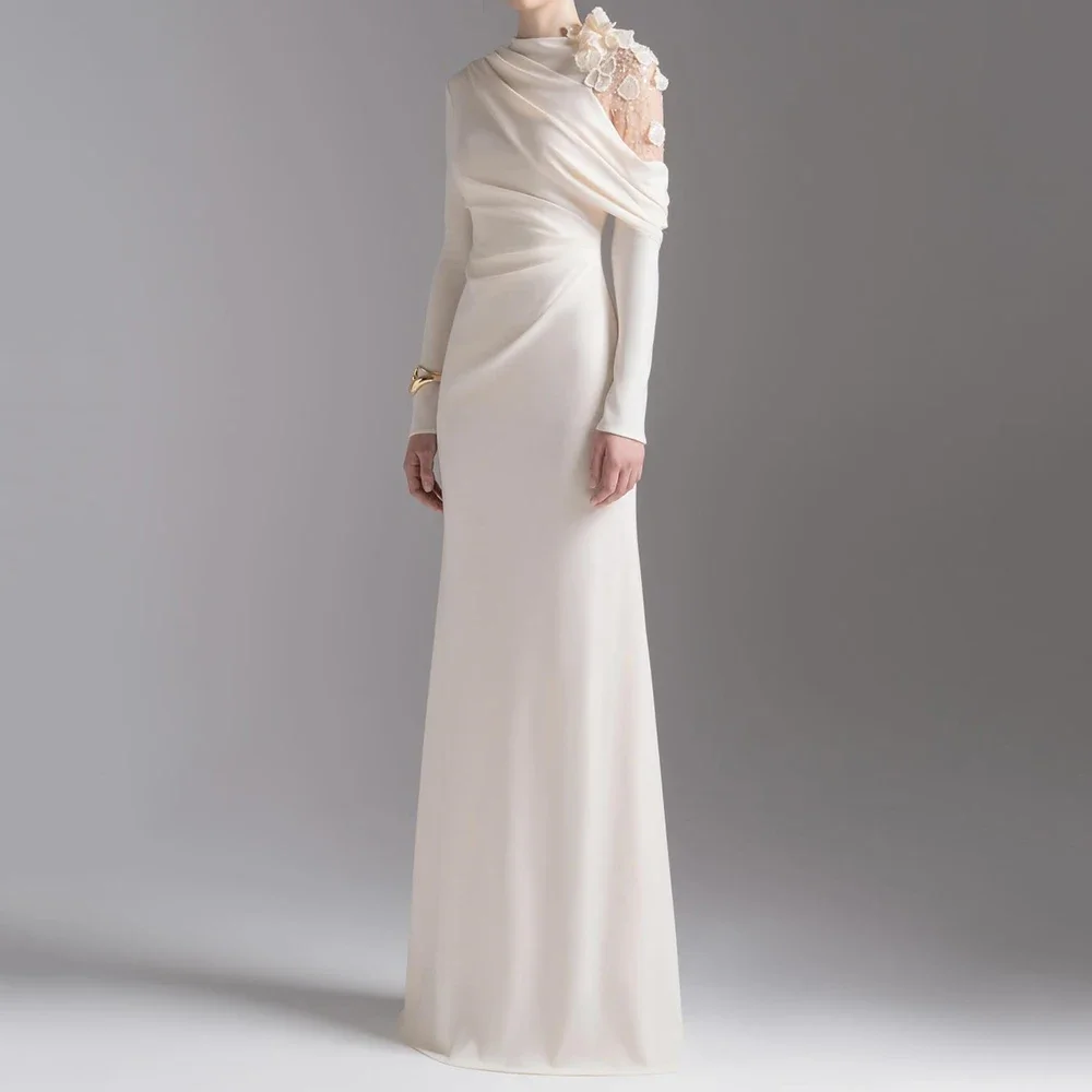 Até o chão de alta pescoço manga cheia vestido de baile moda flores simples drapeado casual vestido de festa personalizado a linha vestidos de noite