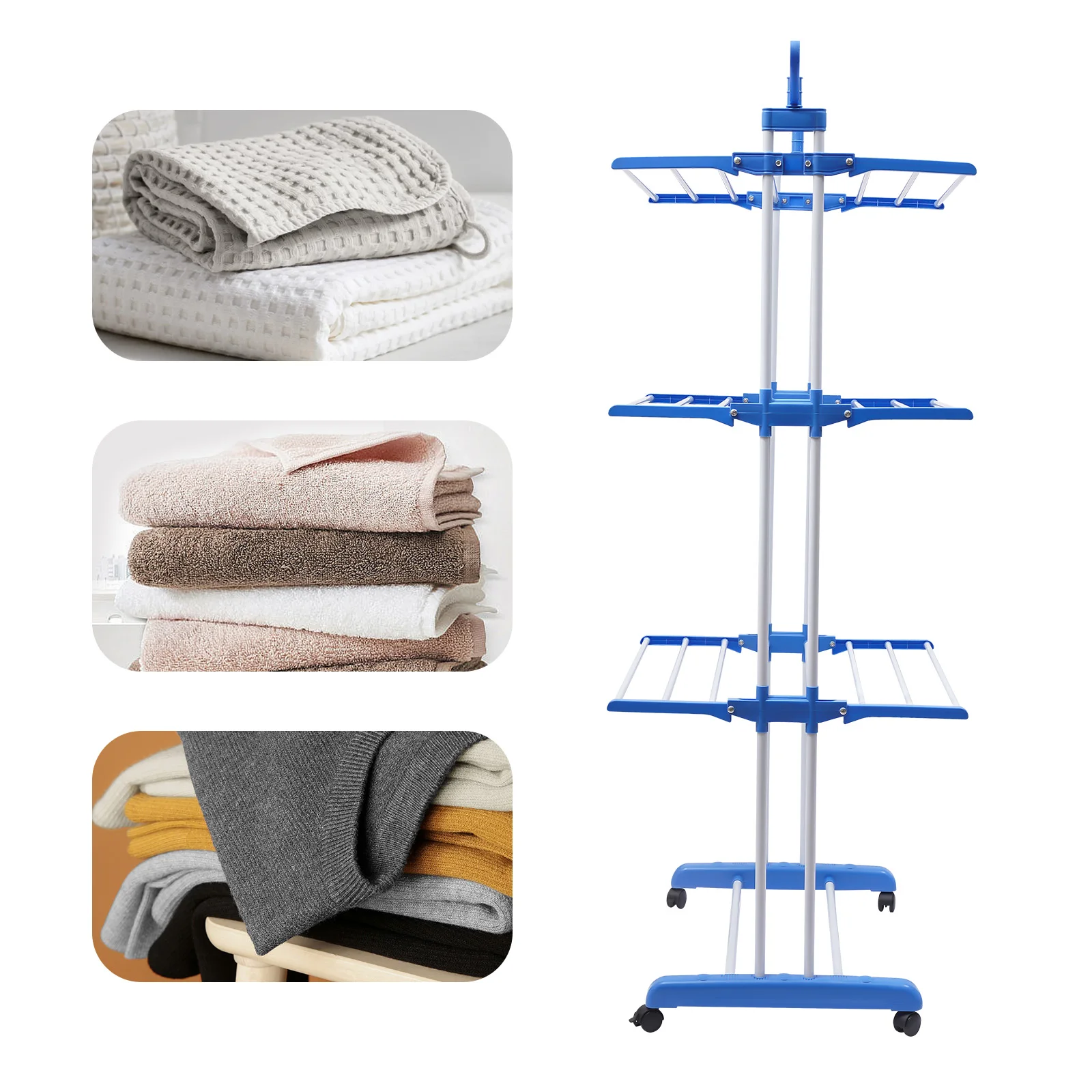 

4-Tier Stainless Steel Folding Clothes Rail Blue , Rectangular Folding Rolling Dryer Hanger Free Stand Laundry Organizer