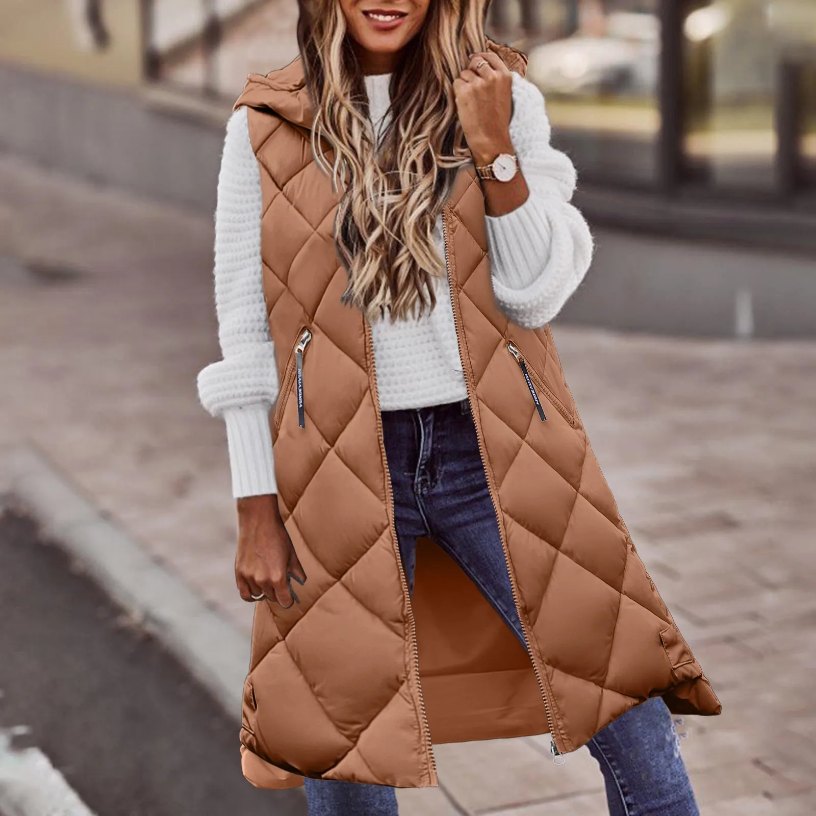 Casaco feminino sem mangas com capuz com bolsos, colete quente, casaco de argyle, casaco longo, inverno