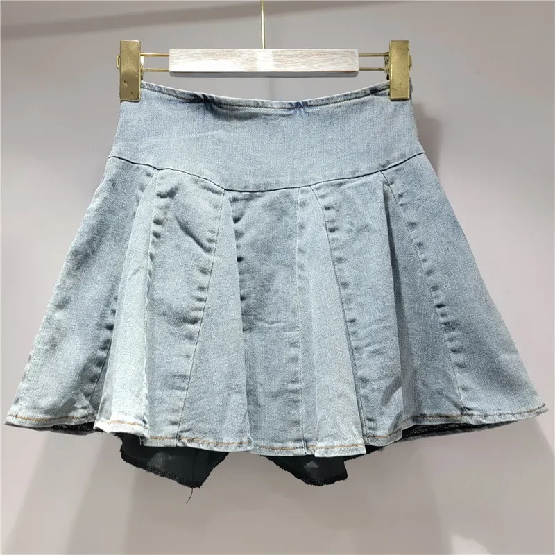 Short Dresses Women Streetwear Retro Pleated Denim Skirt Summer 2025 High Waist Reducing and Slimming A-line Ruffled Dress Y2k