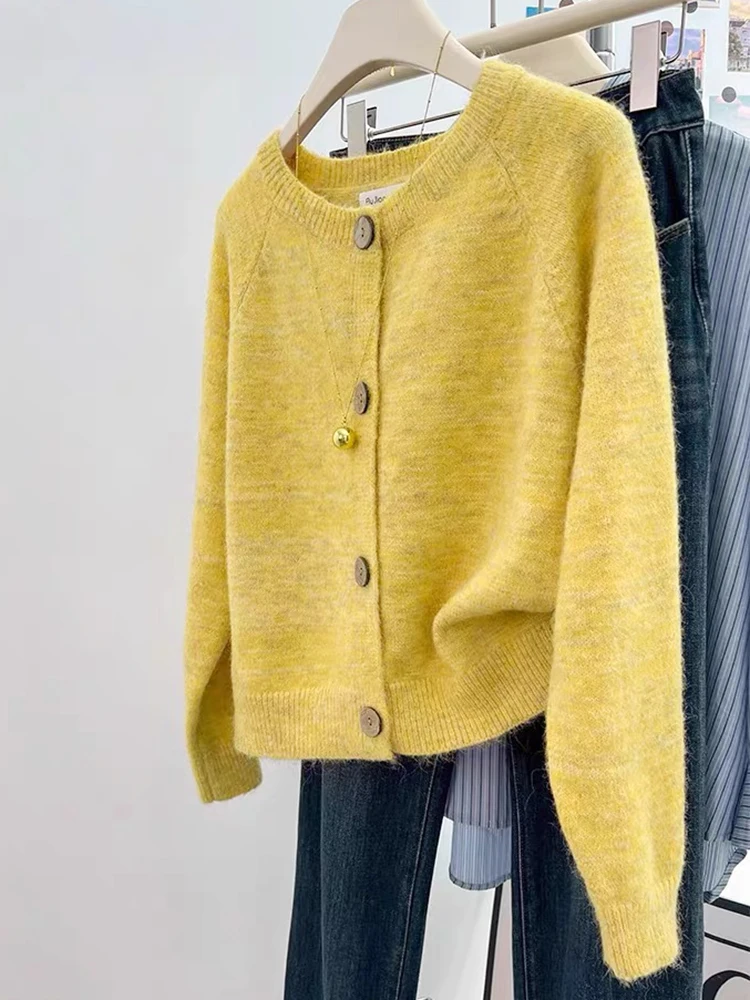

Yellow Knitted Sweater Coat Loose Women's Sle Retro Soft Lazy Spring Autumn Faion Small Size Knitwear Outerwear Top