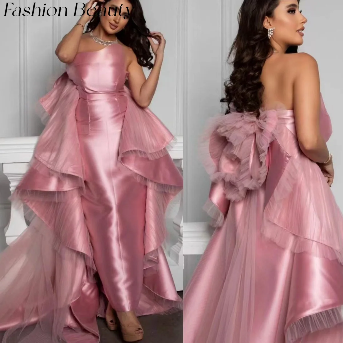 Fashion Beauty Pink Satin Prom Dresses Strapless Tiered Tulle Sweep-Train Formal Occasion Dress For Women 2024 فساتين سهره فاخره