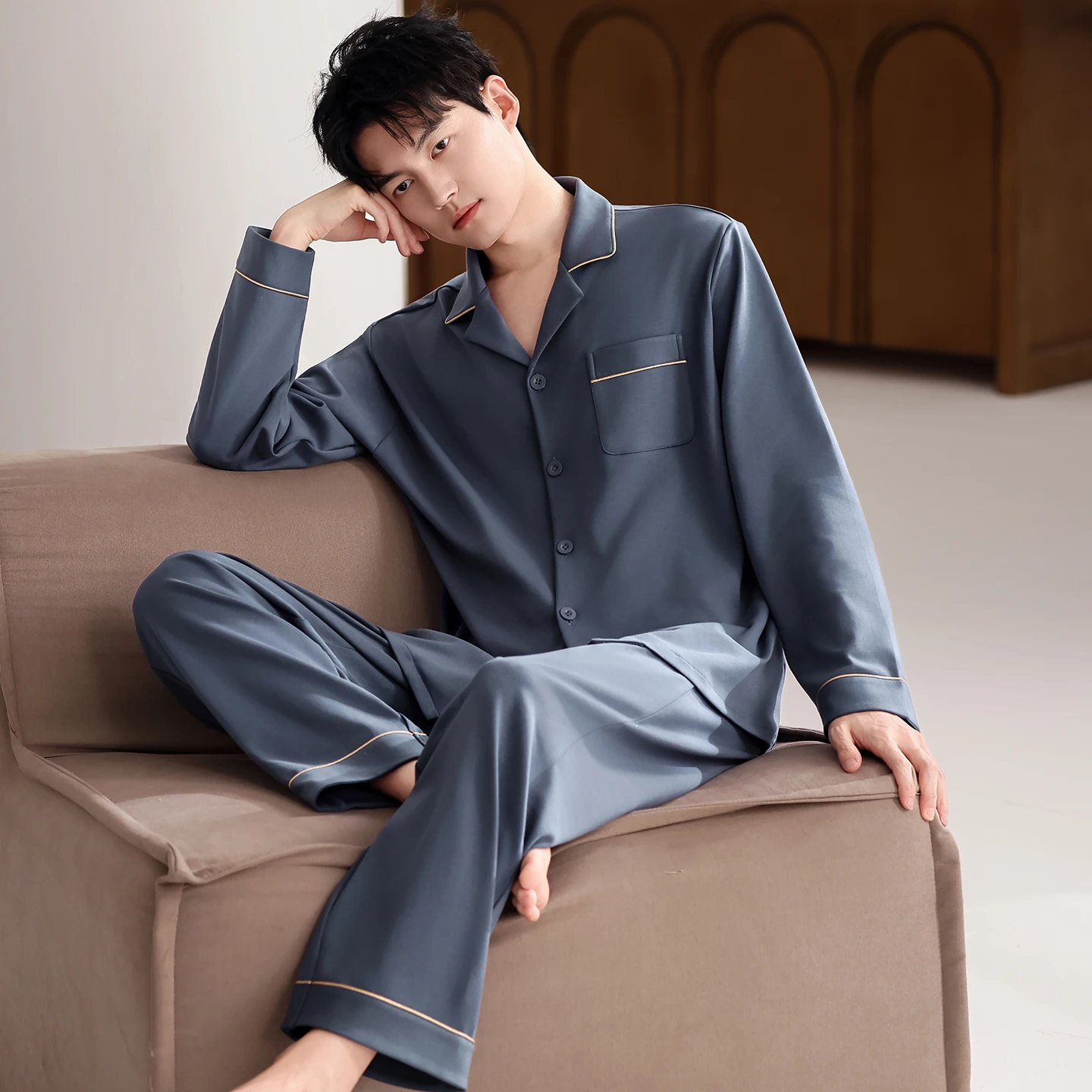 

Men Pyjamas Set Full Cotton Spring Long Sleeve Solid Men Pajama Suit Autumn Nightwear Collar Pijama Male Sleepwear Two Piece 4XL