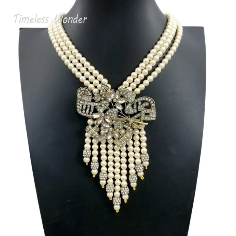 Timeless Wonder Fancy Zircon Beaded Tassel Statement Necklaces for Women Designer Jewelry Runway Rare Top Luxury Brand Rare 2612